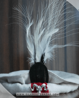 White Chitrali Cap with Ruesh Plate, Chitrali Ruesh (Marco Polo Sheep)Cap