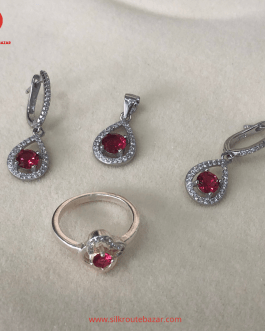 Red Zircon Jewelry Set for Women, Precious Zircon with Silver frame