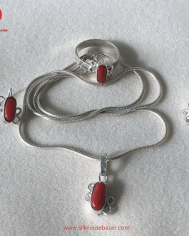 Marjan/ Red Coral Jewelry Set, Red Coral Stone in 925 Silver Jewelry set