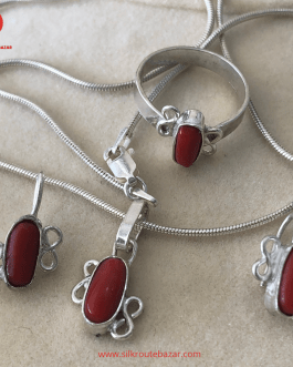 Marjan/ Red Coral Jewelry Set, Red Coral Stone in 925 Silver Jewelry set