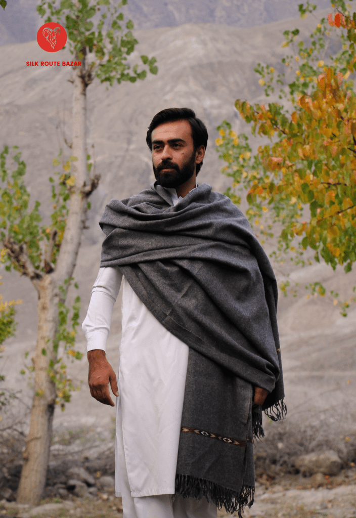 Mountain Shawl for Men, lamb Wool in grey color - Silk Route Bazar